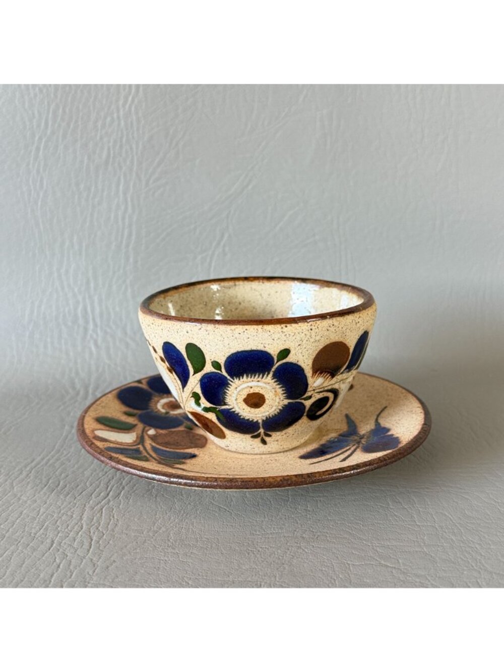 Vintage Tonala Mexico Studio Pottery Cup Saucer Set Signed Blue Butterfly 6" - Picture 3 of 14